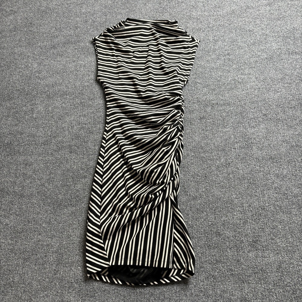 By Anthropologie Sleeveless Mock-Neck Rib Knit Bodycon Dress Black White XXS NWT